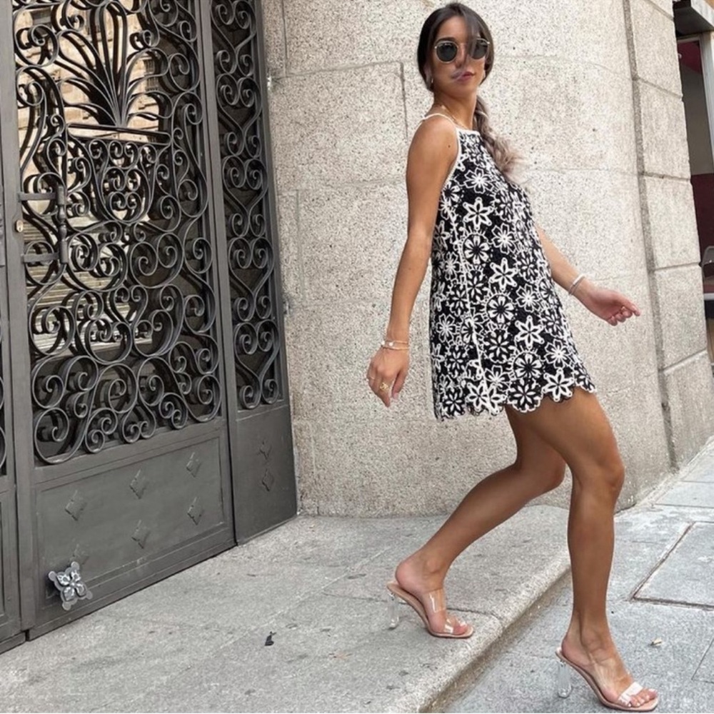 Zara Viral crochet backless mini dress black white floral slip euro summer dress